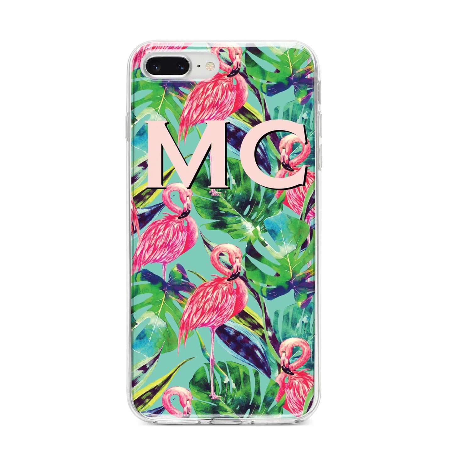 Personalised Tropical Green Leaves Flamingo iPhone 8 Plus Bumper Case on Silver iPhone