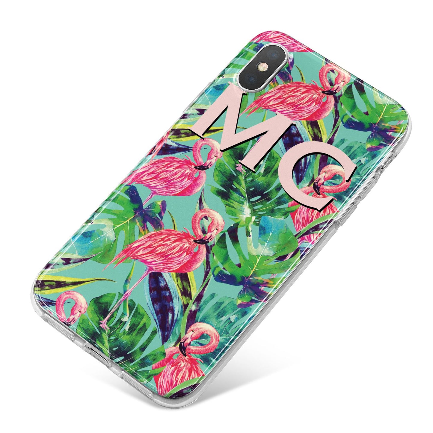 Personalised Tropical Green Leaves Flamingo iPhone X Bumper Case on Silver iPhone