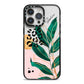 Personalised Tropical Leaf iPhone 14 Pro Max Black Impact Case on Silver phone