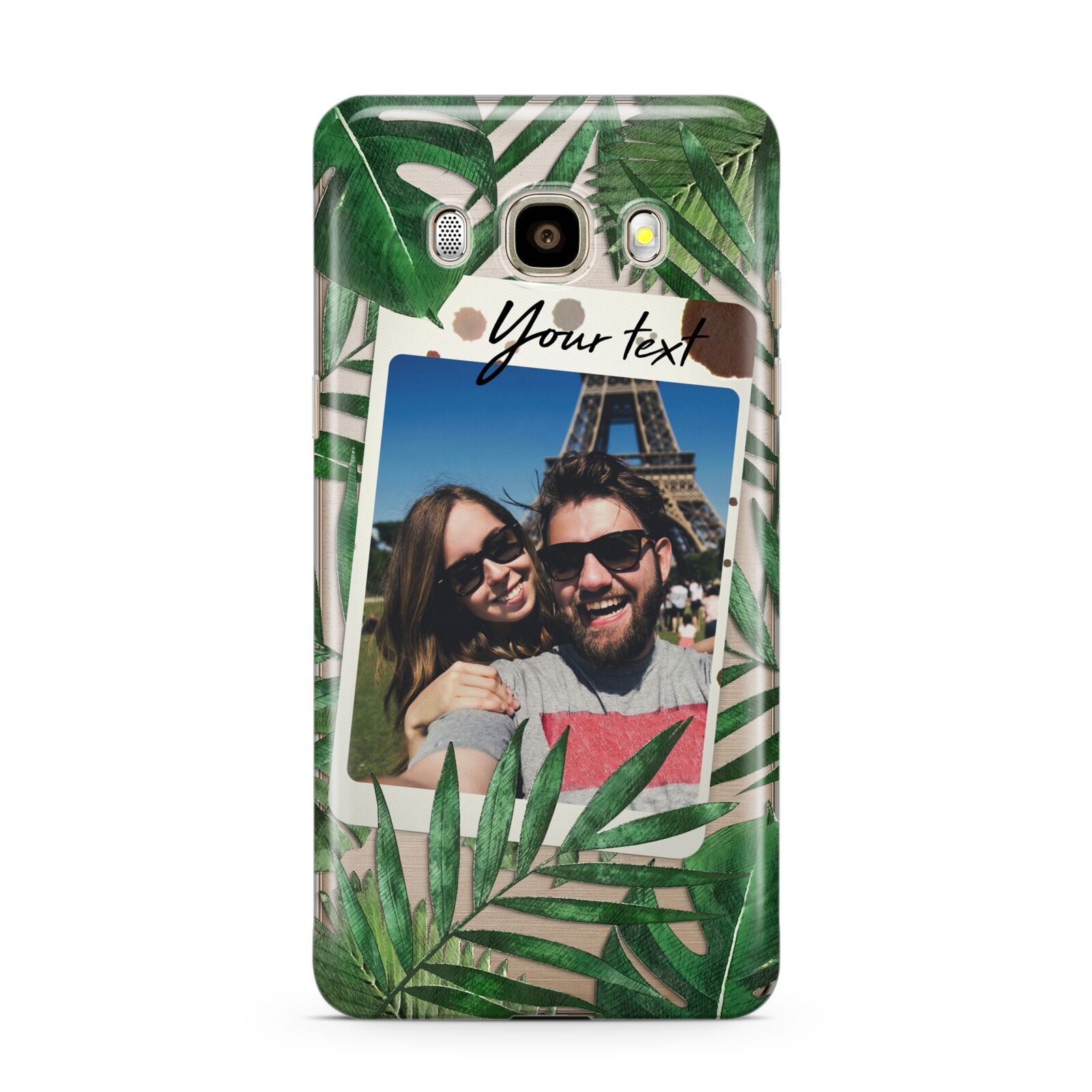 Personalised Tropical Photo Text Samsung Galaxy J7 2016 Case on gold phone