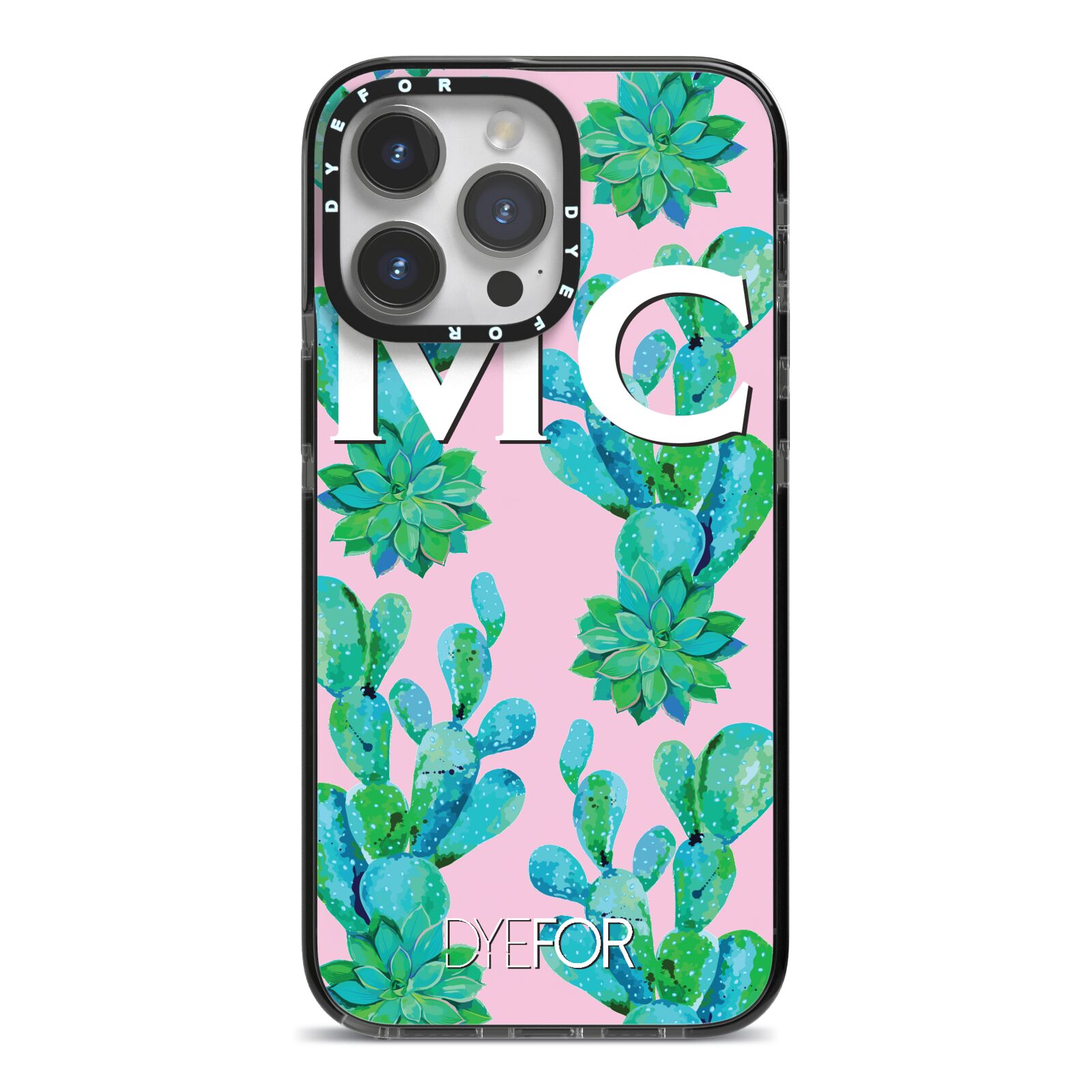 Personalised Tropical Pink Cactus iPhone 14 Pro Max Black Impact Case on Silver phone