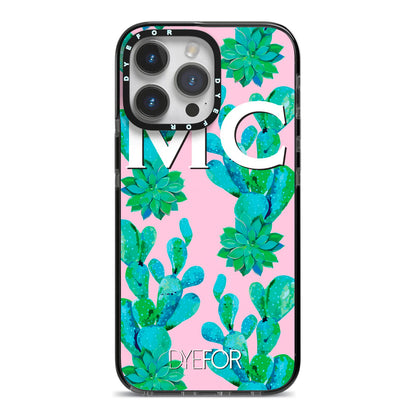 Personalised Tropical Pink Cactus iPhone 14 Pro Max Black Impact Case on Silver phone