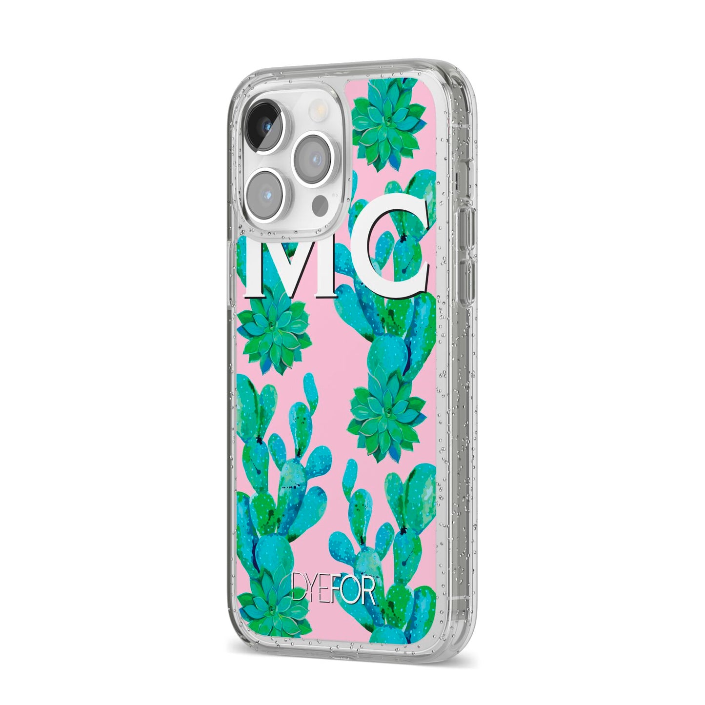 Personalised Tropical Pink Cactus iPhone 14 Pro Max Glitter Tough Case Silver Angled Image