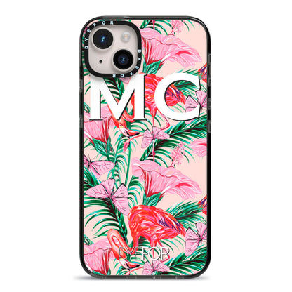 Personalised Tropical Pink Flamingo iPhone 14 Plus Black Impact Case on Silver phone
