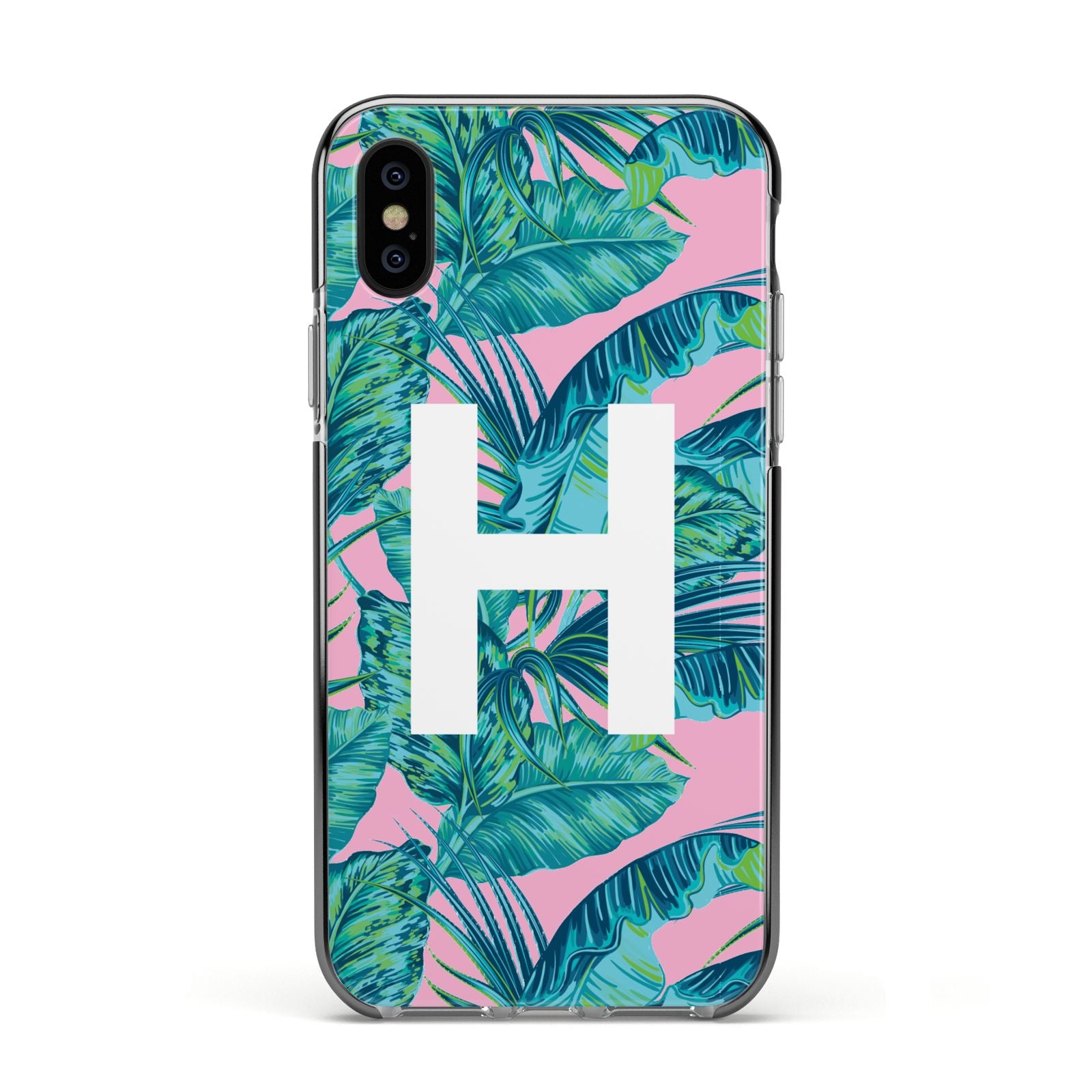 Personalised Tropical Pink and Green Apple iPhone Xs Impact Case Black Edge on Black Phone