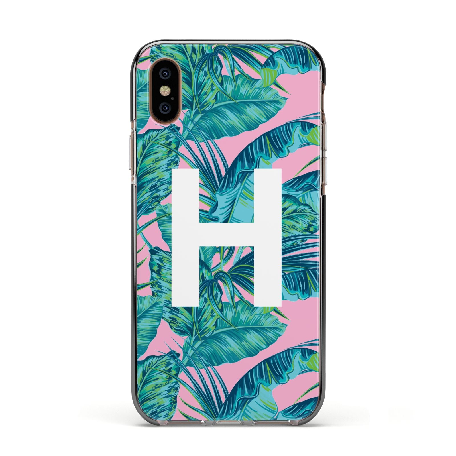 Personalised Tropical Pink and Green Apple iPhone Xs Impact Case Black Edge on Gold Phone