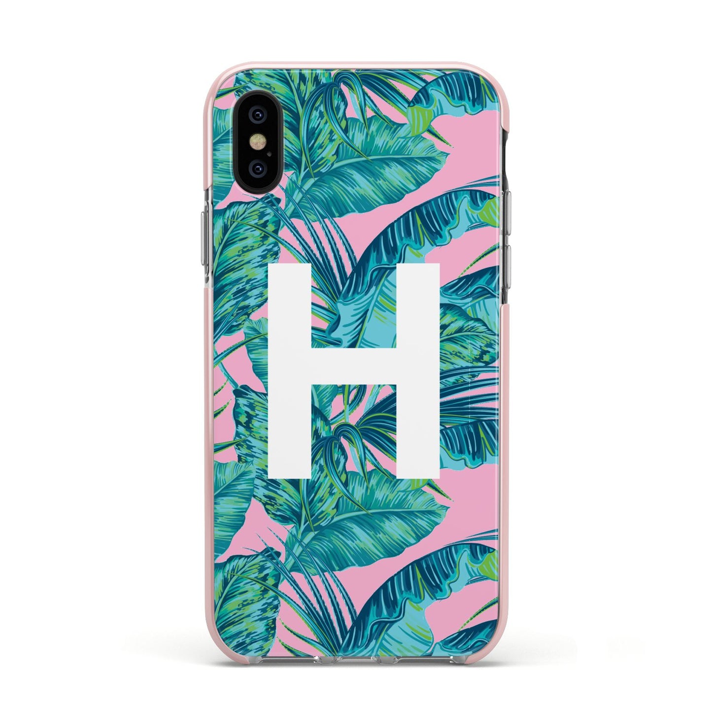 Personalised Tropical Pink and Green Apple iPhone Xs Impact Case Pink Edge on Black Phone