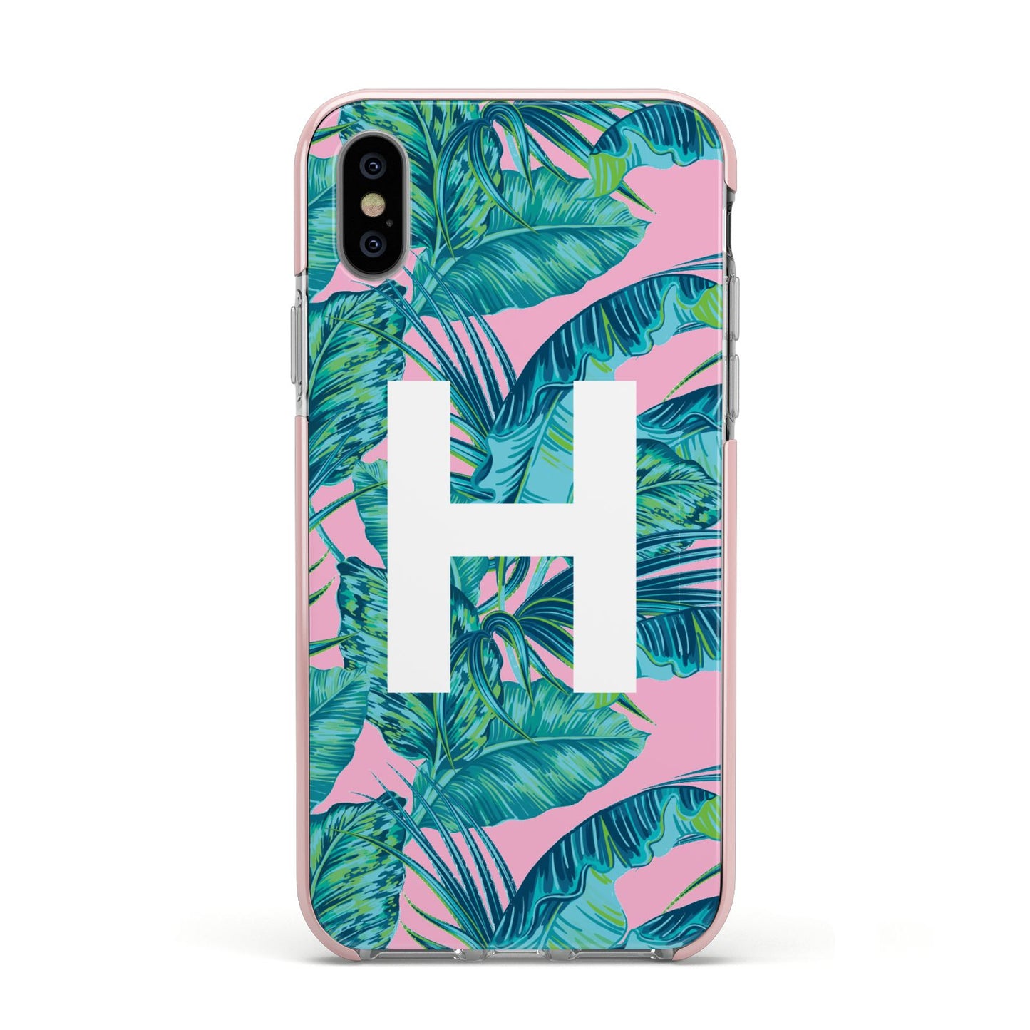 Personalised Tropical Pink and Green Apple iPhone Xs Impact Case Pink Edge on Silver Phone