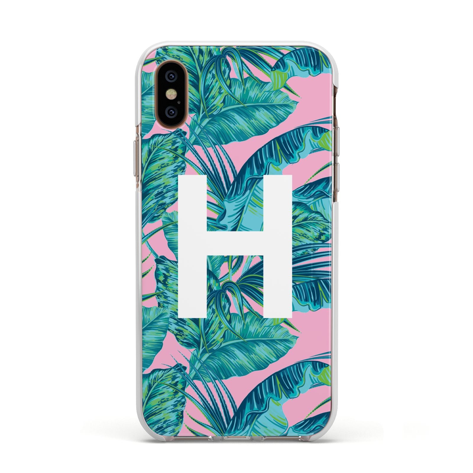 Personalised Tropical Pink and Green Apple iPhone Xs Impact Case White Edge on Gold Phone