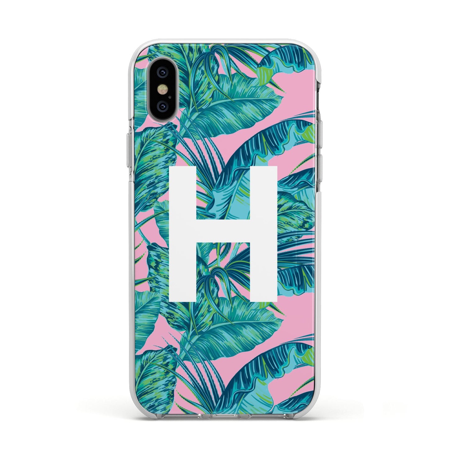 Personalised Tropical Pink and Green Apple iPhone Xs Impact Case White Edge on Silver Phone