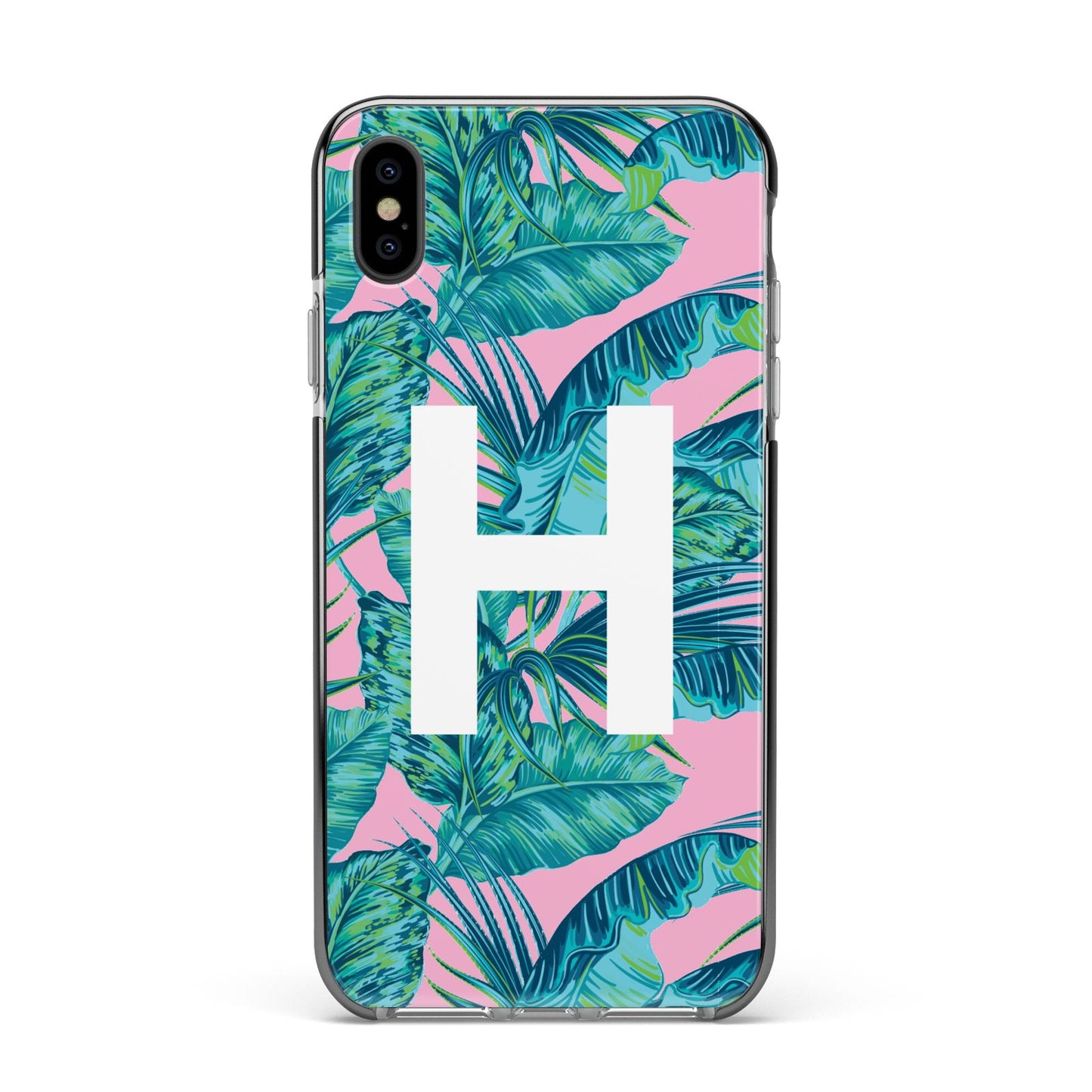 Personalised Tropical Pink and Green Apple iPhone Xs Max Impact Case Black Edge on Black Phone