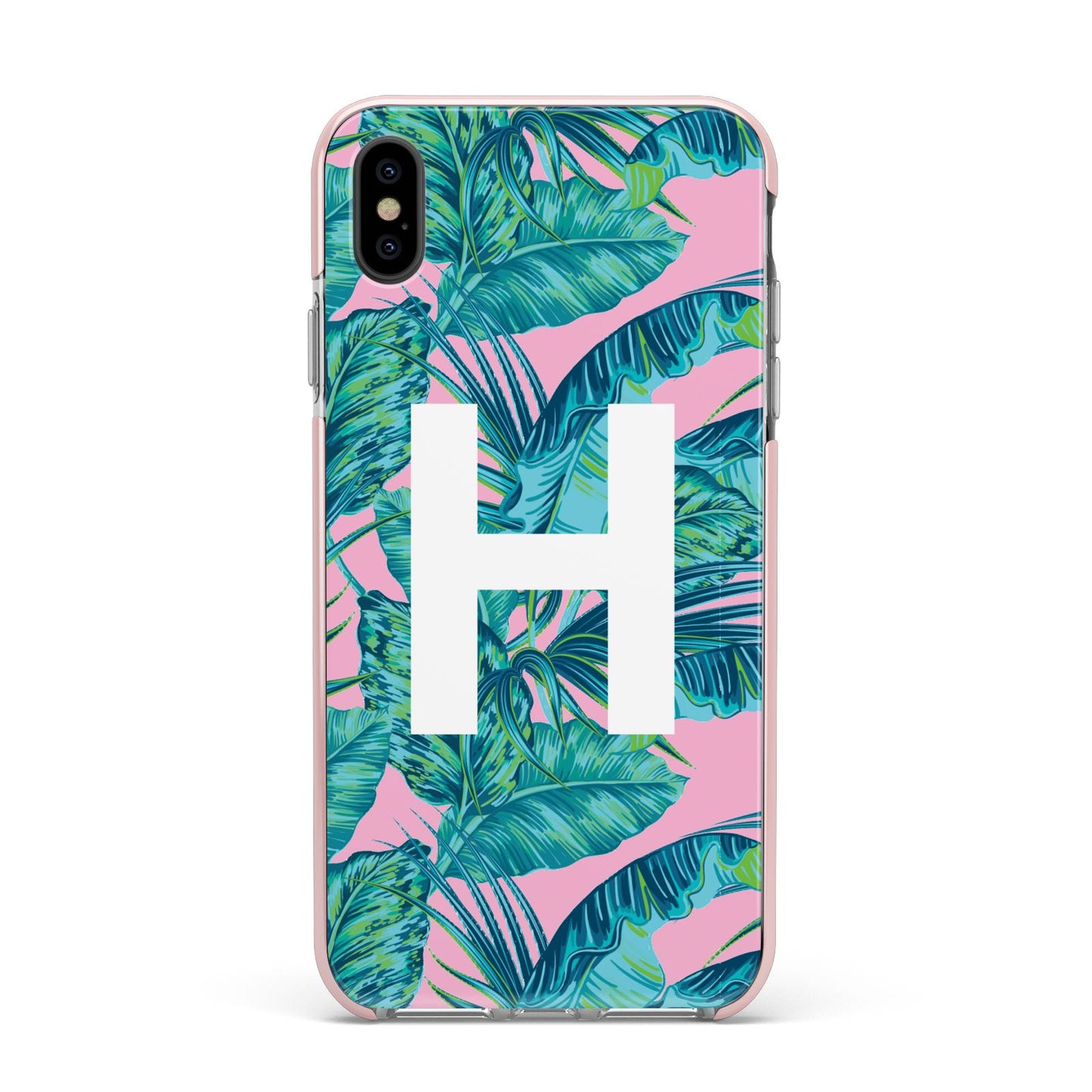 Personalised Tropical Pink and Green Apple iPhone Xs Max Impact Case Pink Edge on Black Phone