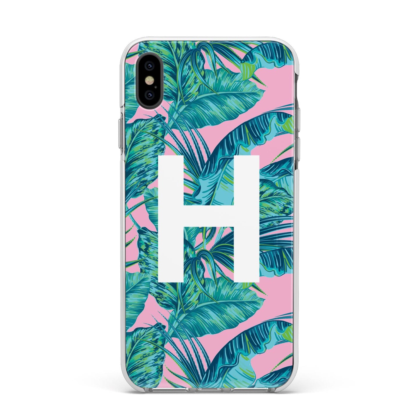 Personalised Tropical Pink and Green Apple iPhone Xs Max Impact Case White Edge on Black Phone