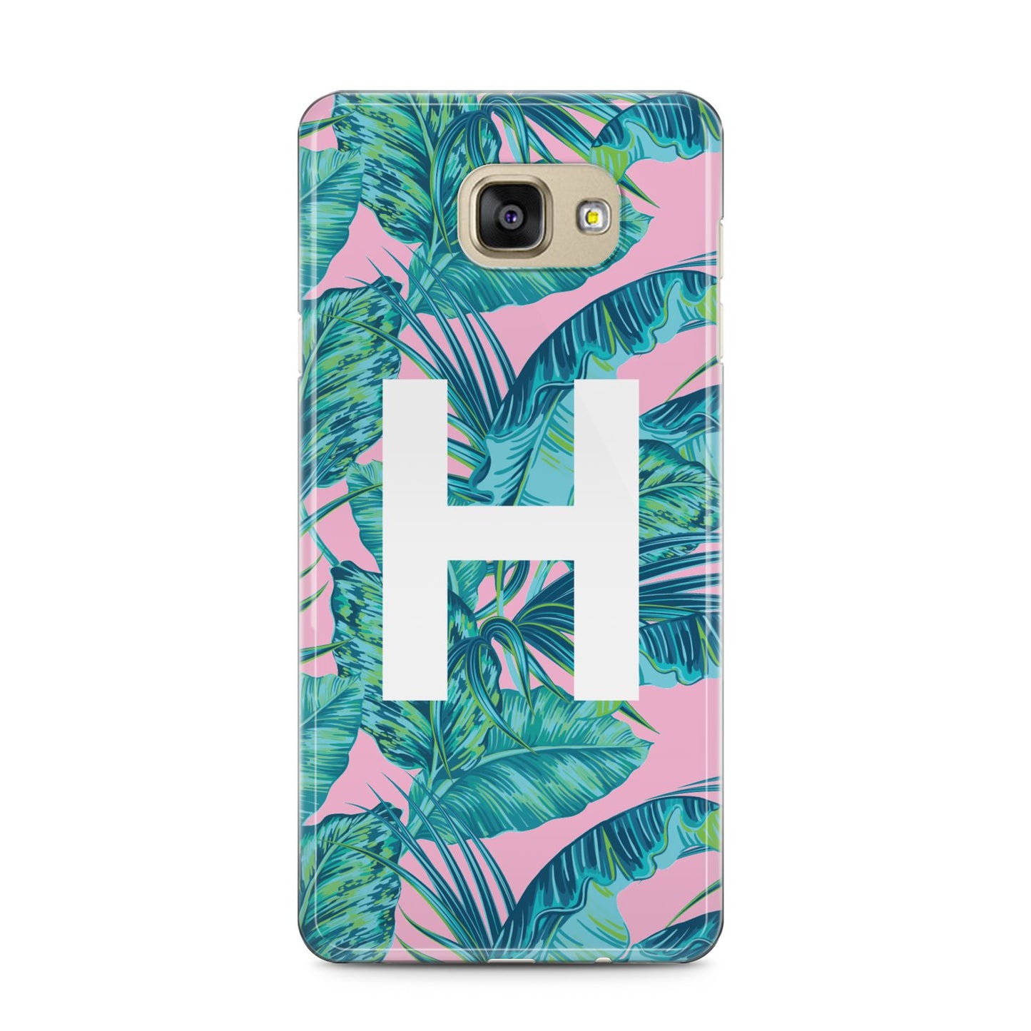 Personalised Tropical Pink and Green Samsung Galaxy A5 2016 Case on gold phone