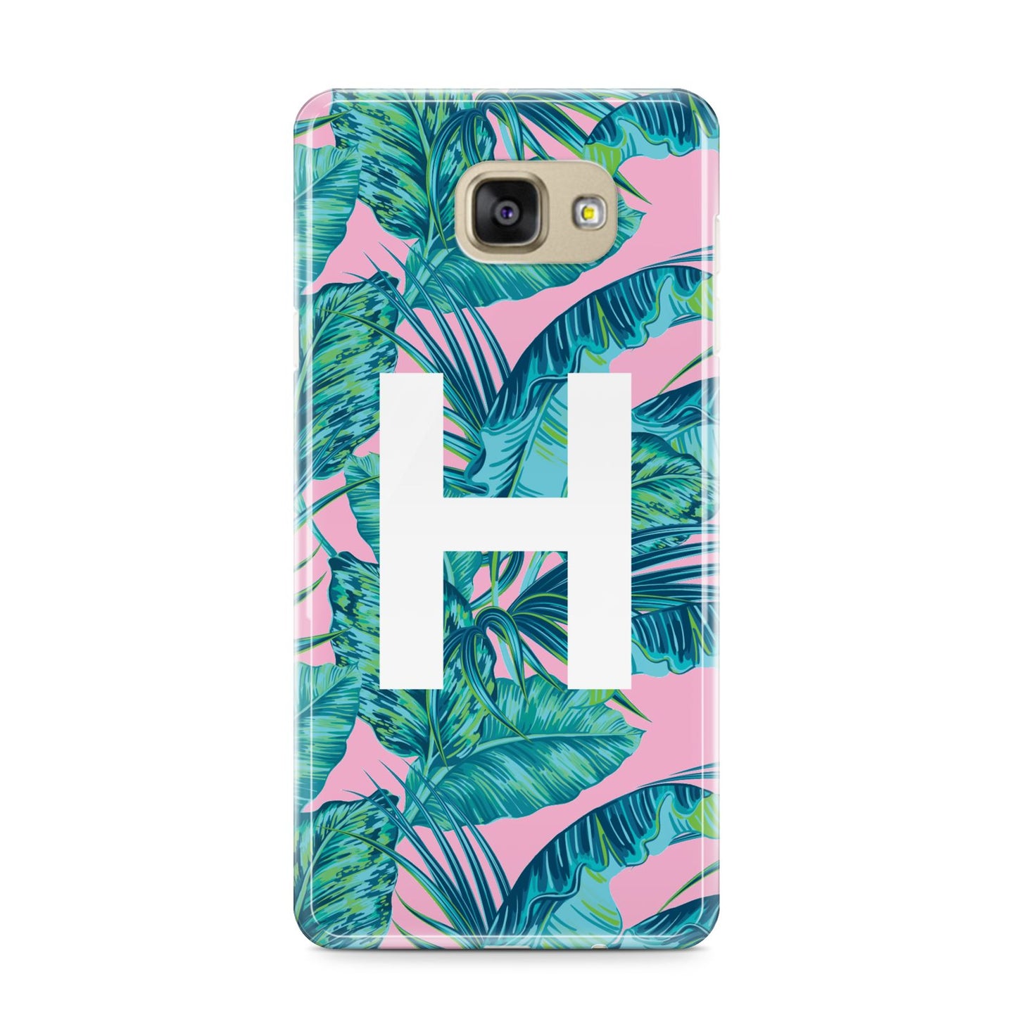 Personalised Tropical Pink and Green Samsung Galaxy A9 2016 Case on gold phone