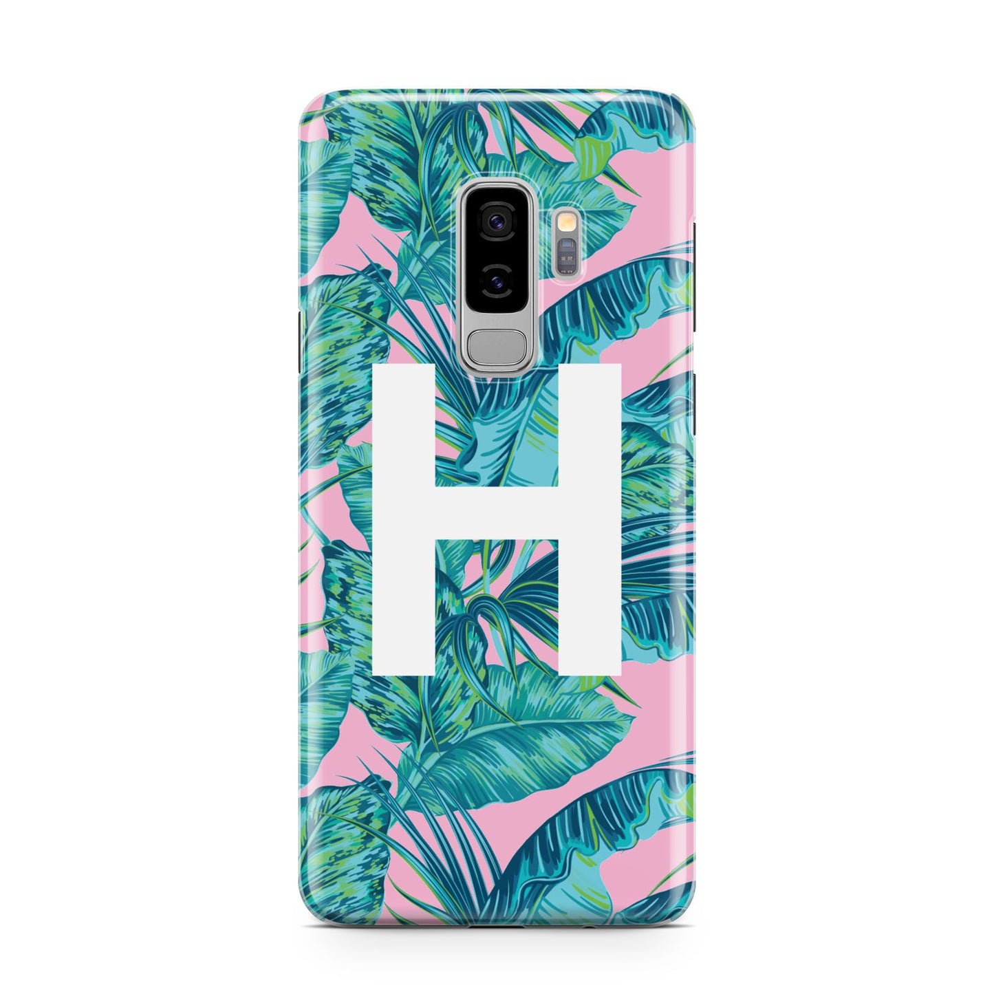 Personalised Tropical Pink and Green Samsung Galaxy S9 Plus Case on Silver phone