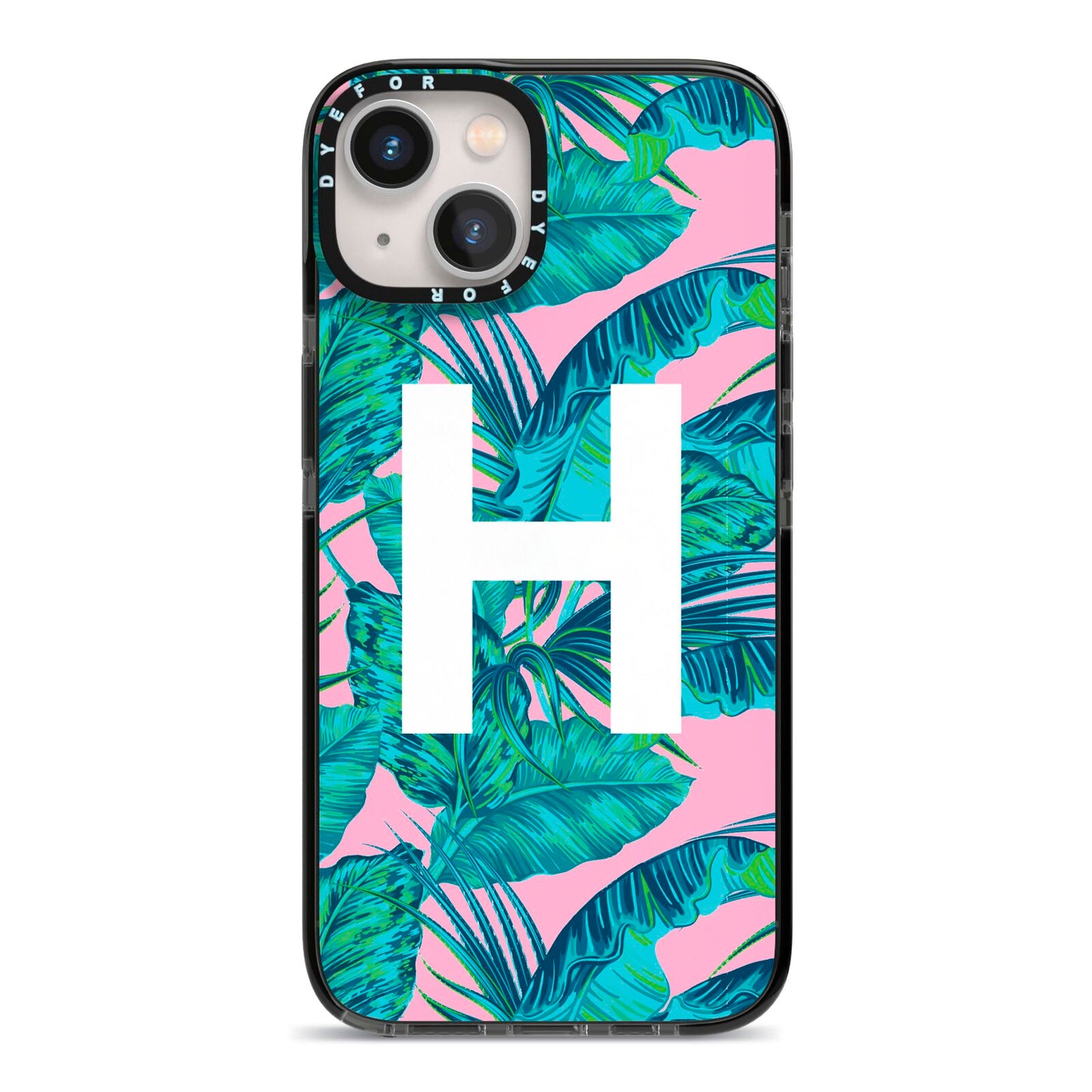 Personalised Tropical Pink and Green iPhone 13 Black Impact Case on Silver phone