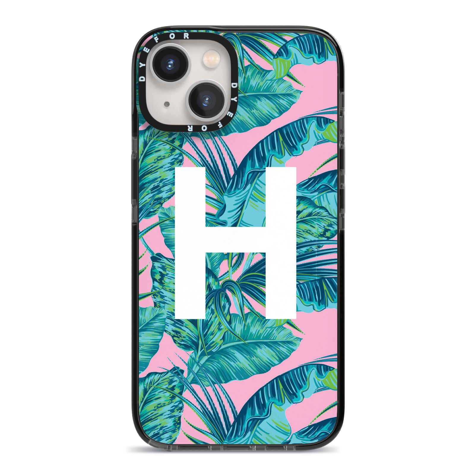 Personalised Tropical Pink and Green iPhone 13 Black Impact Case on Silver phone