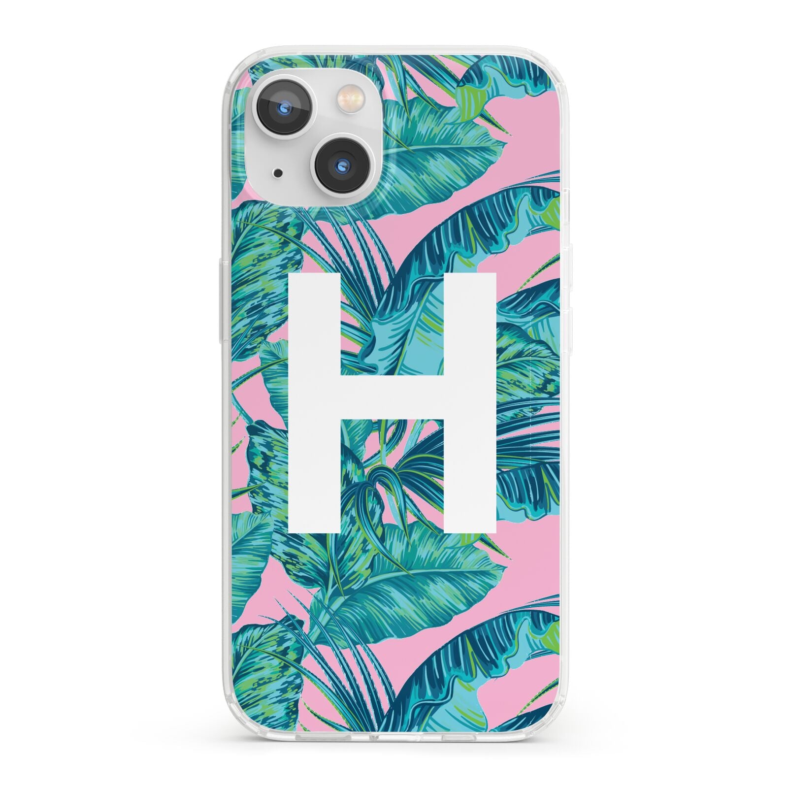 Personalised Tropical Pink and Green iPhone 13 Clear Bumper Case