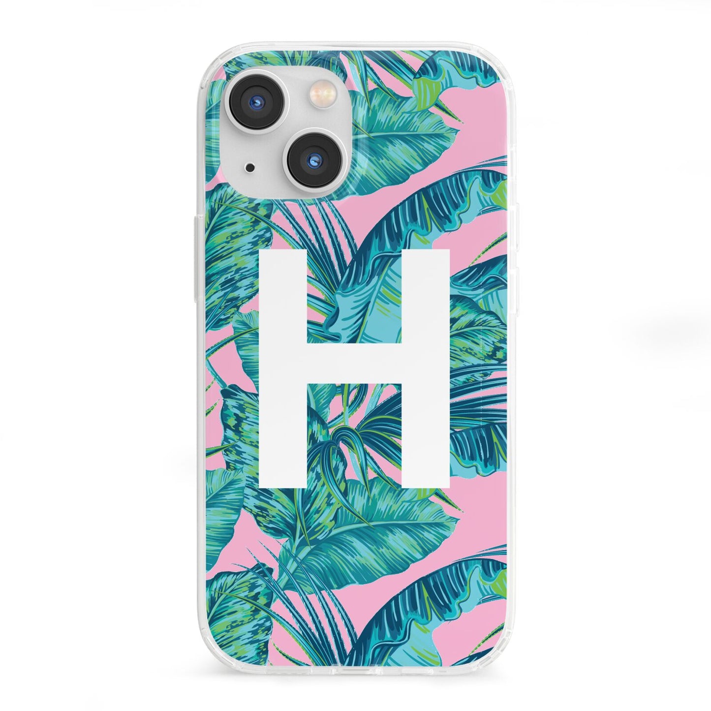 Personalised Tropical Pink and Green iPhone 13 Mini Clear Bumper Case