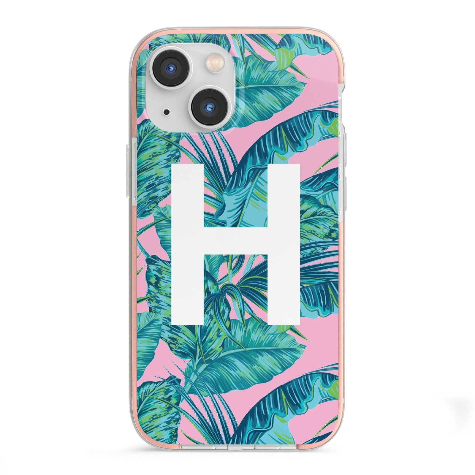 Personalised Tropical Pink and Green iPhone 13 Mini TPU Impact Case with Pink Edges