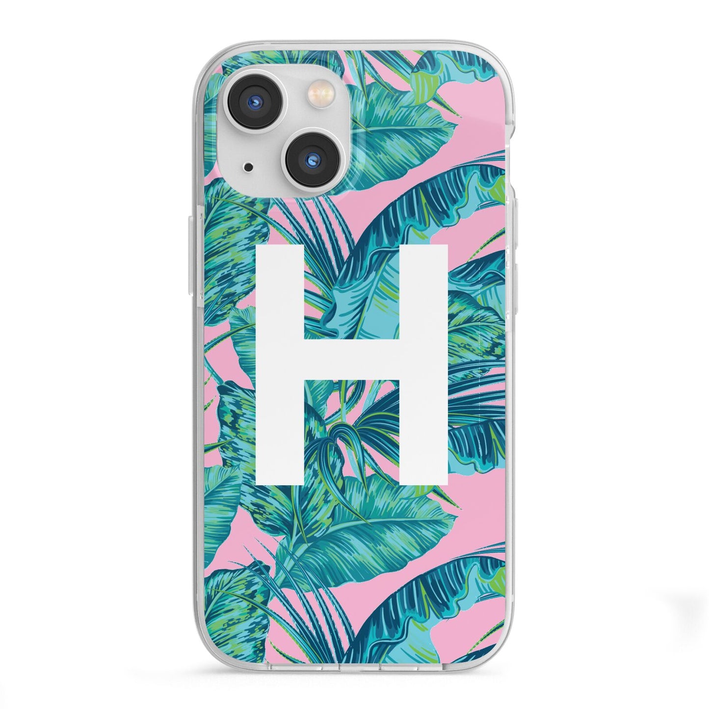 Personalised Tropical Pink and Green iPhone 13 Mini TPU Impact Case with White Edges