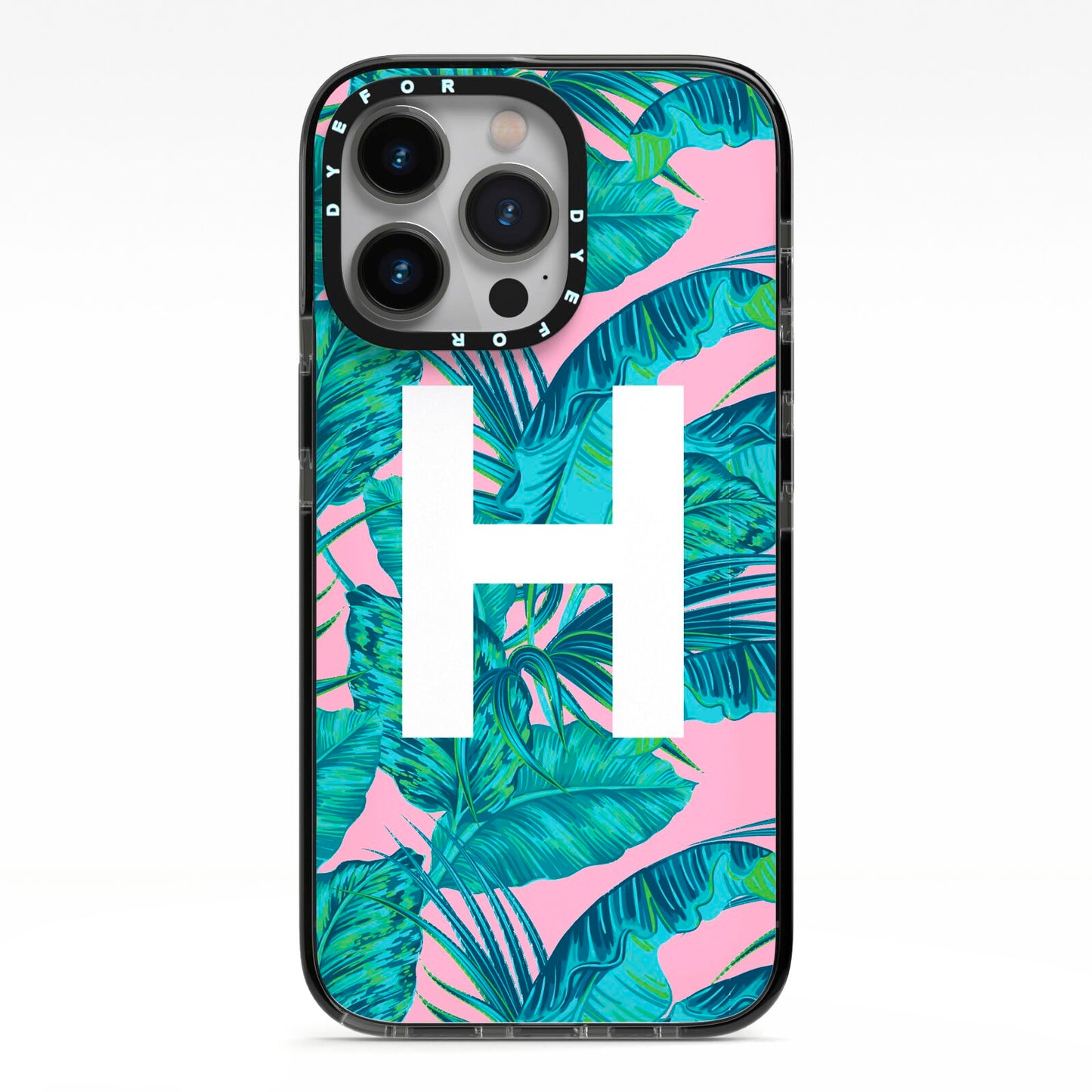 Personalised Tropical Pink and Green iPhone 13 Pro Black Impact Case on Silver phone