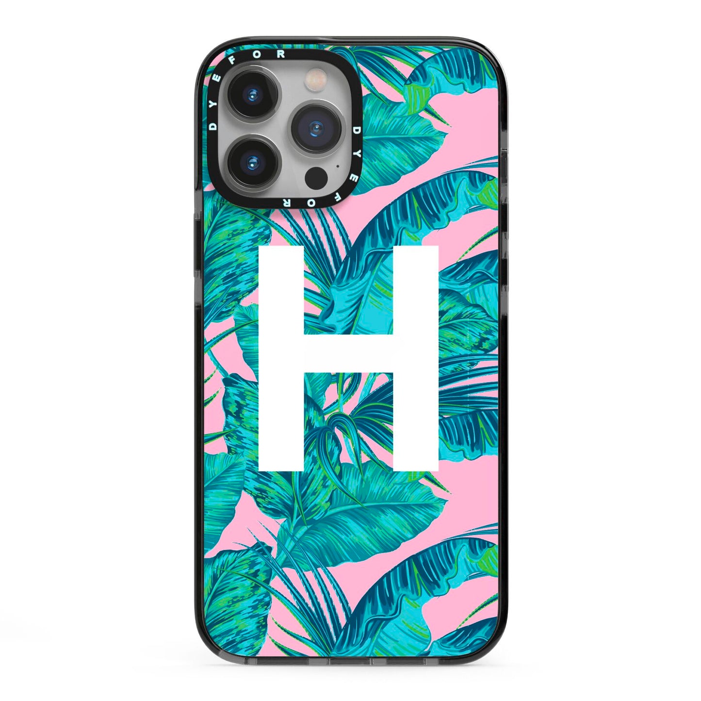 Personalised Tropical Pink and Green iPhone 13 Pro Max Black Impact Case on Silver phone