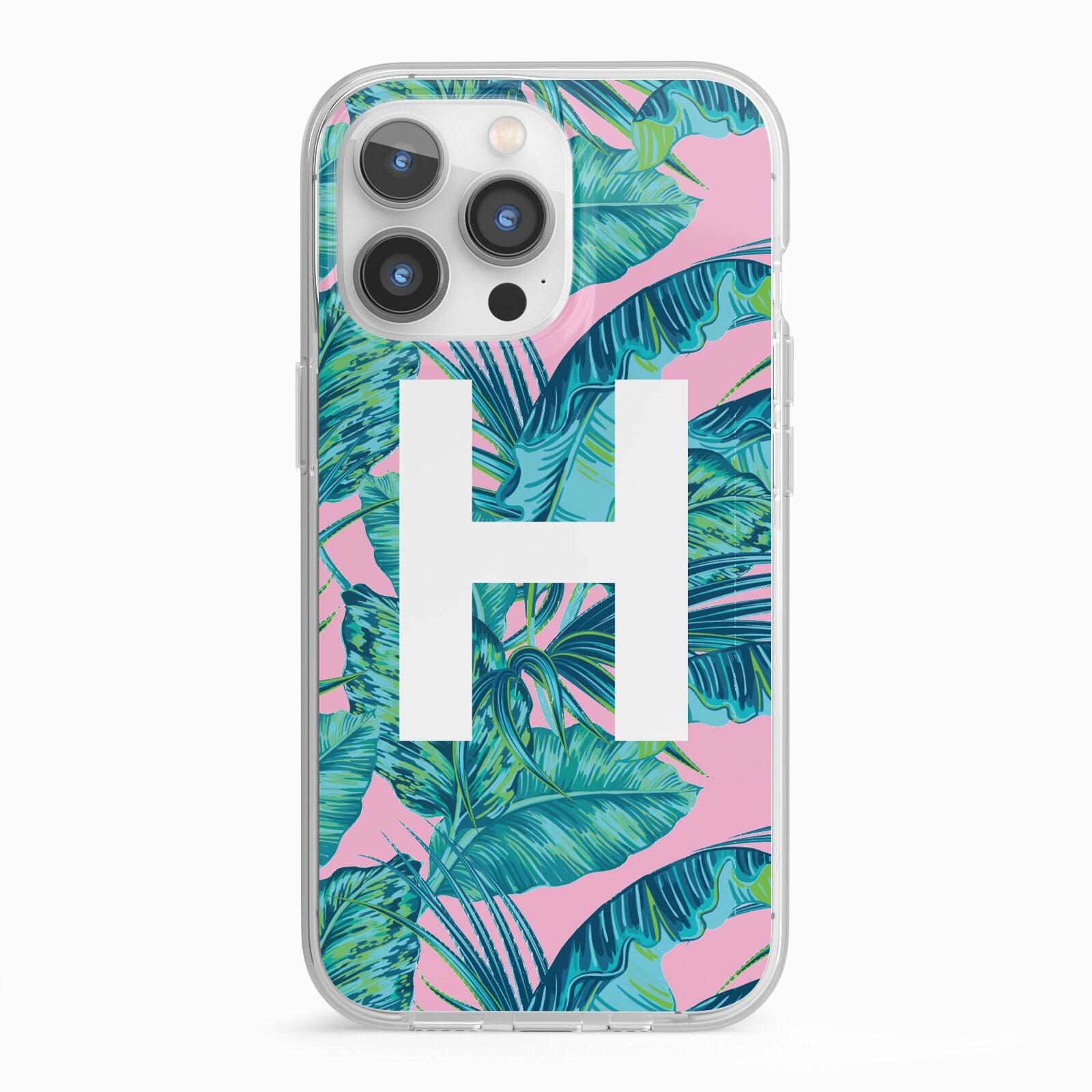 Personalised Tropical Pink and Green iPhone 13 Pro TPU Impact Case with White Edges