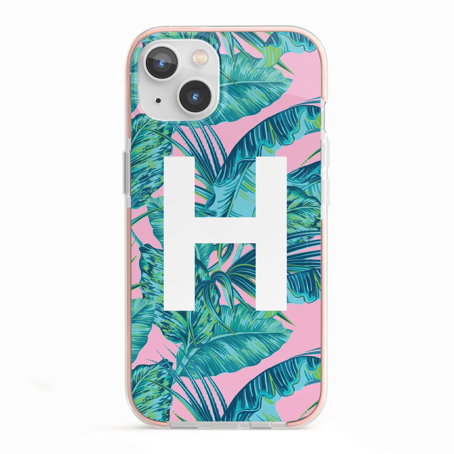 Personalised Tropical Pink and Green iPhone 13 TPU Impact Case with Pink Edges