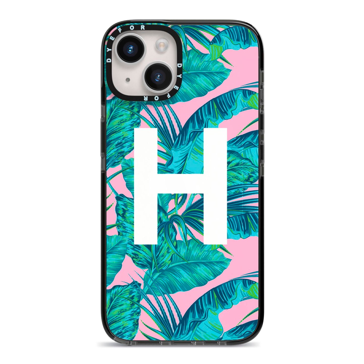 Personalised Tropical Pink and Green iPhone 14 Black Impact Case on Silver phone