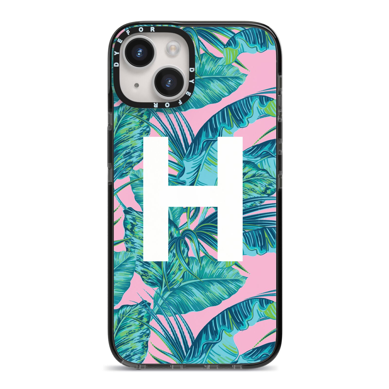 Personalised Tropical Pink and Green iPhone 14 Black Impact Case on Silver phone