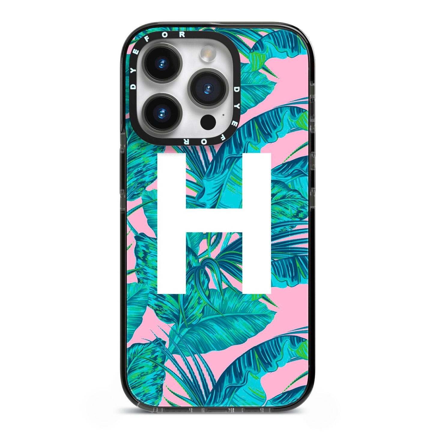 Personalised Tropical Pink and Green iPhone 14 Pro Black Impact Case on Silver phone