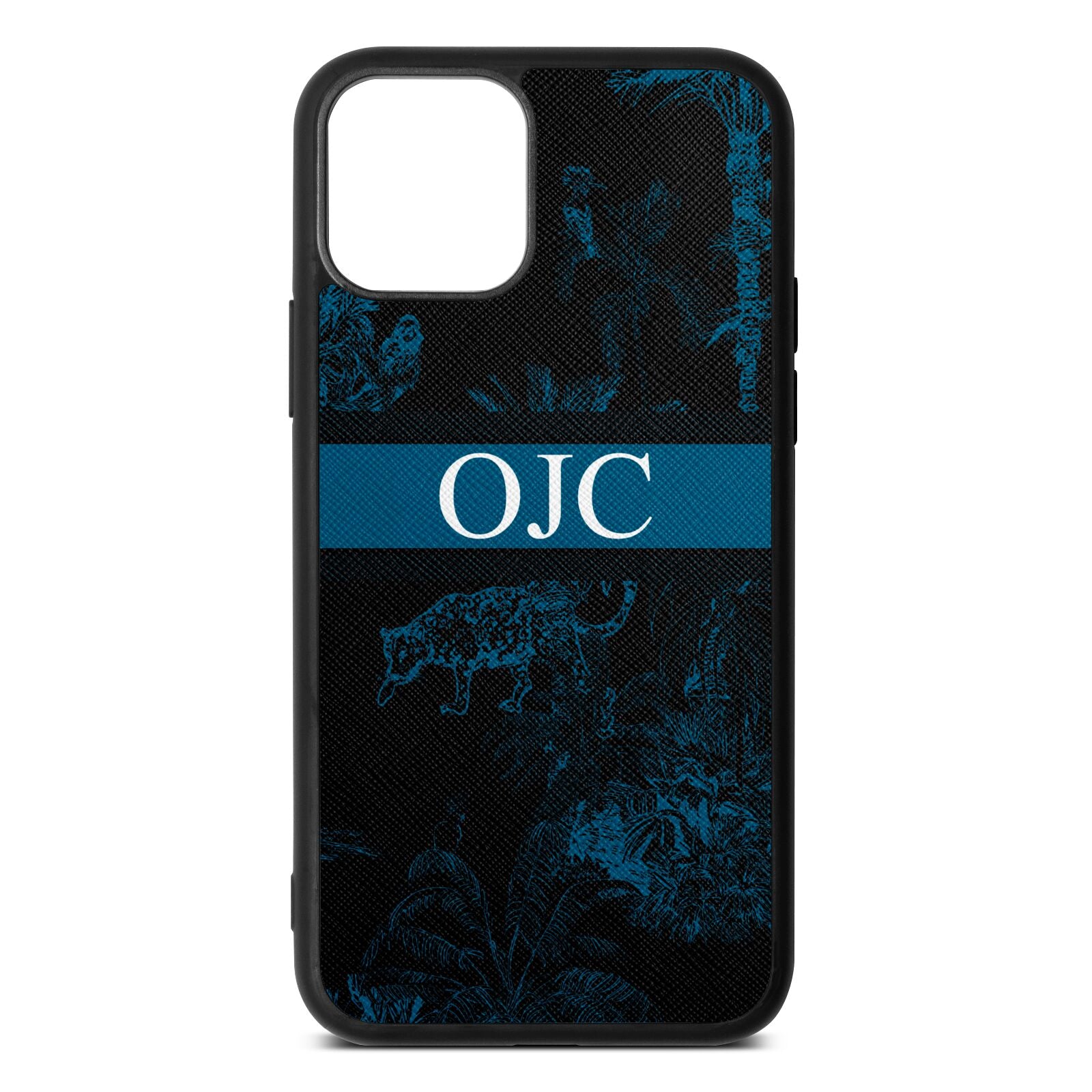 Personalised Tropical Toile Black Saffiano Leather iPhone 11 Case