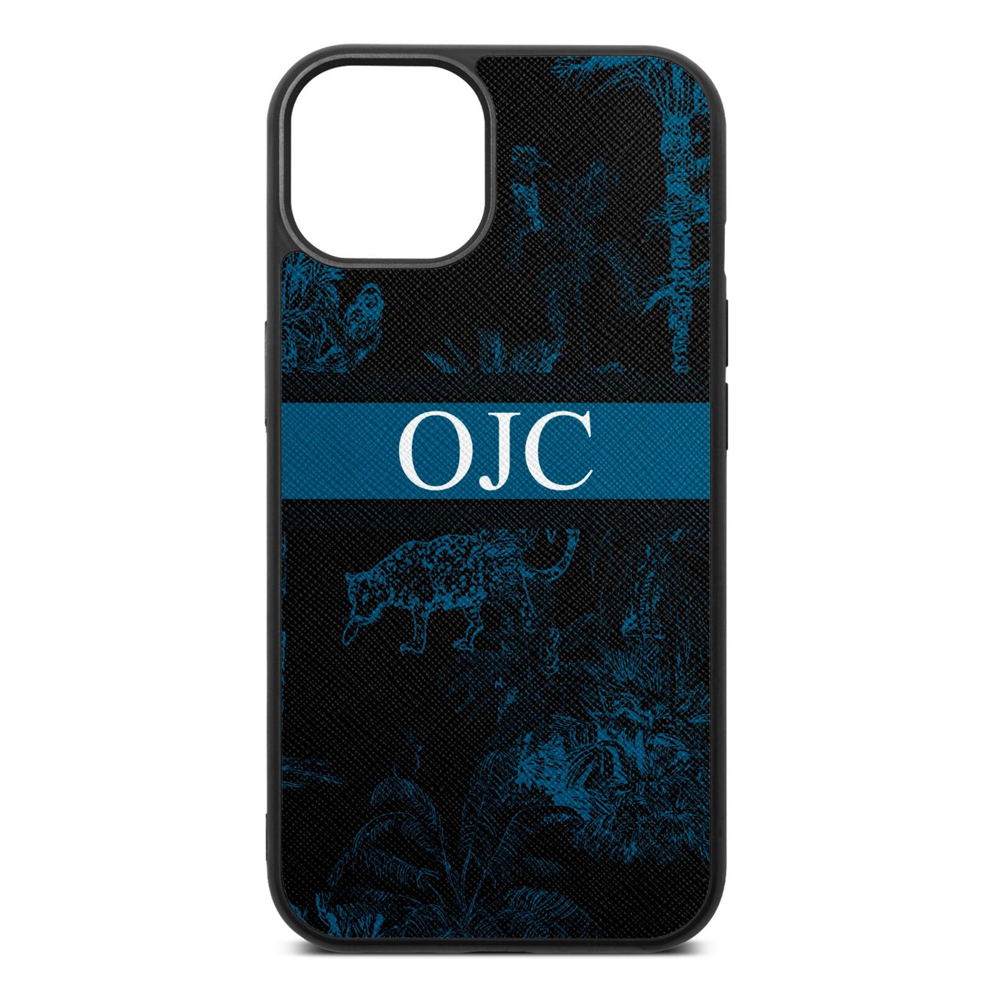 Personalised Tropical Toile Black Saffiano Leather iPhone 13 Case