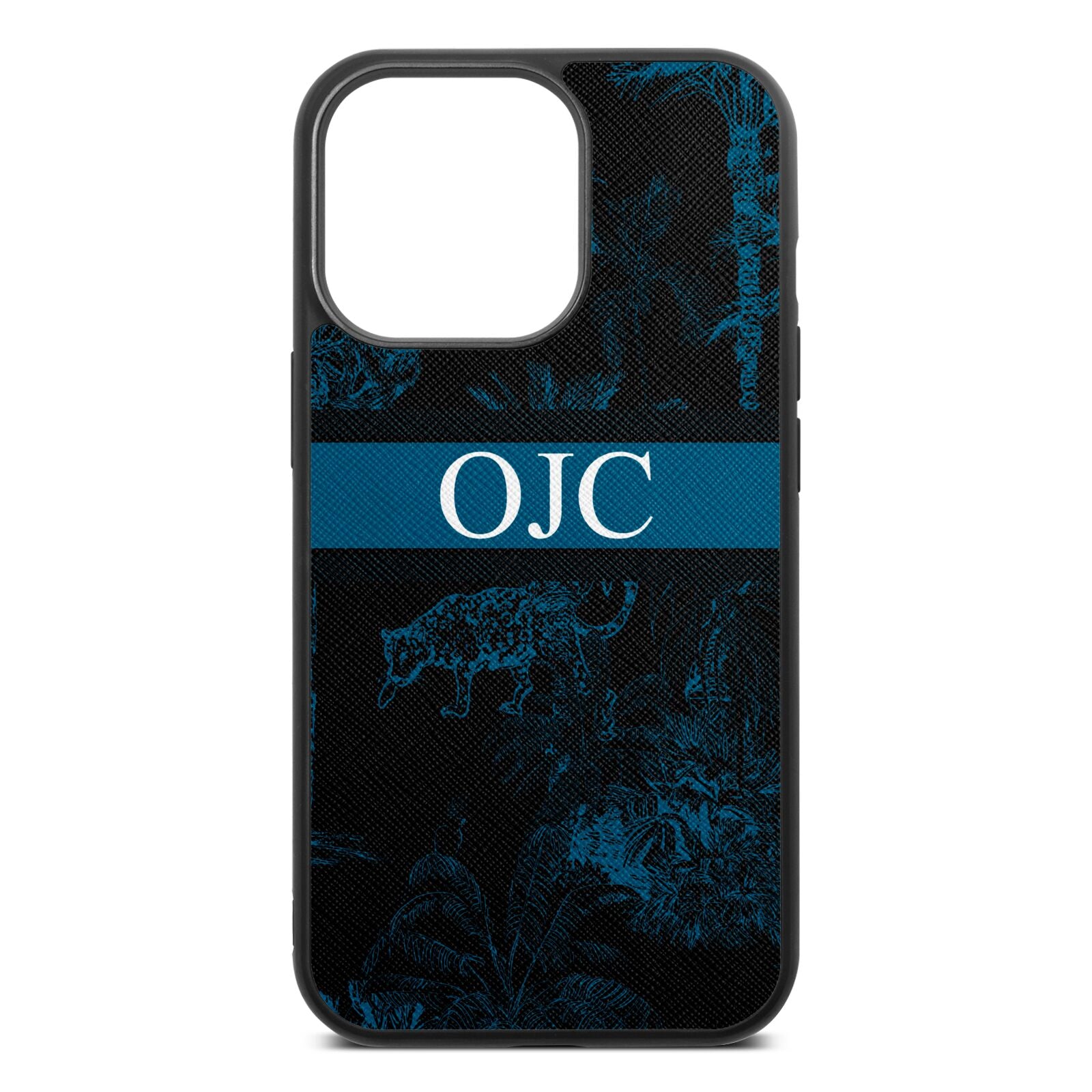 Personalised Tropical Toile Black Saffiano Leather iPhone 13 Pro Case