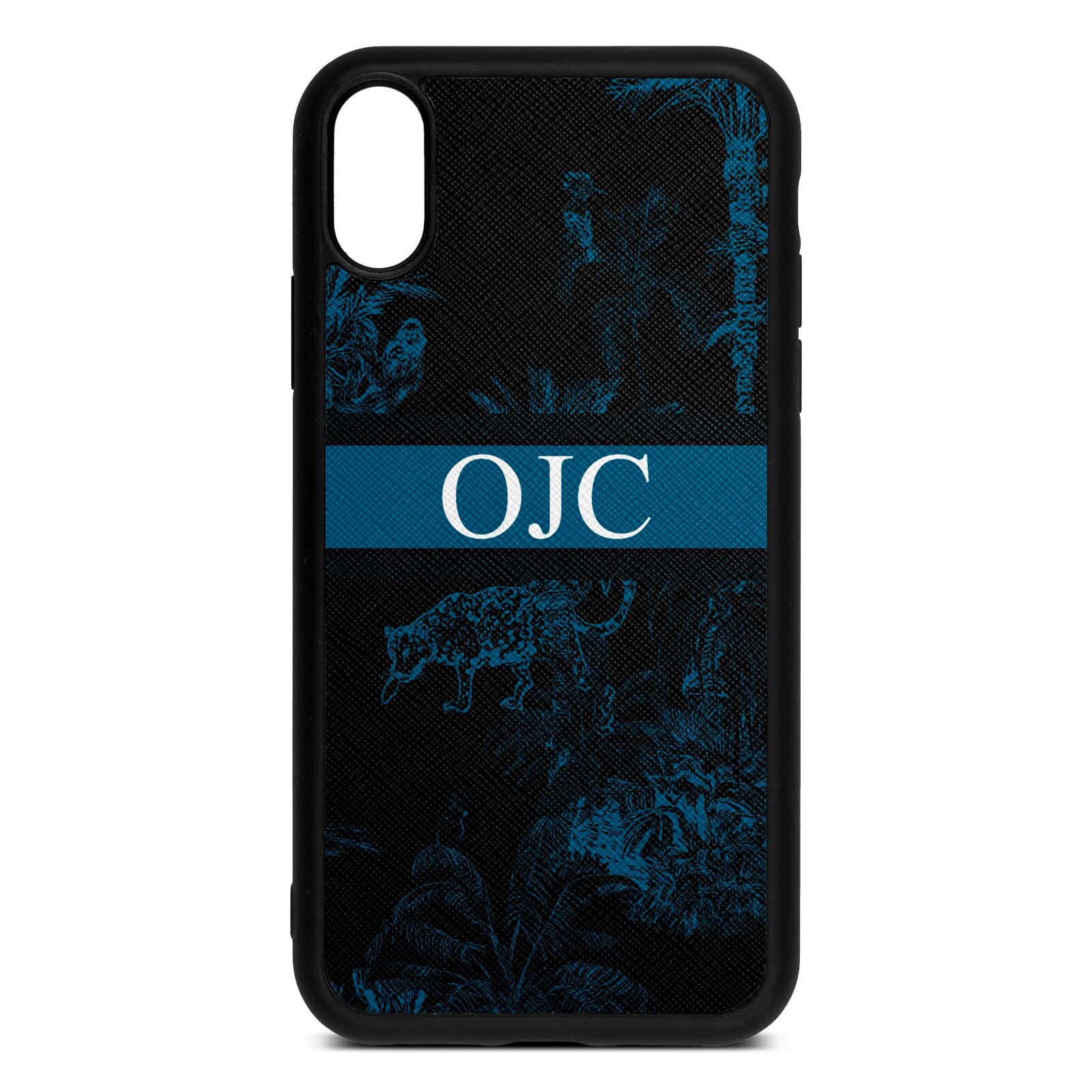 Personalised Tropical Toile Black Saffiano Leather iPhone Xr Case