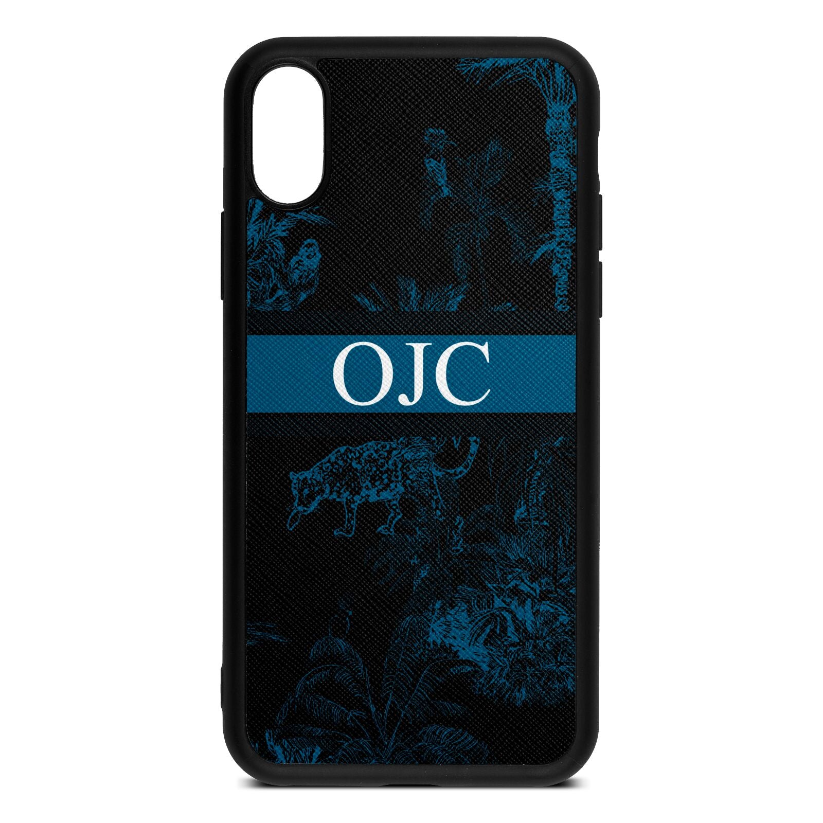 Personalised Tropical Toile Black Saffiano Leather iPhone Xs Case