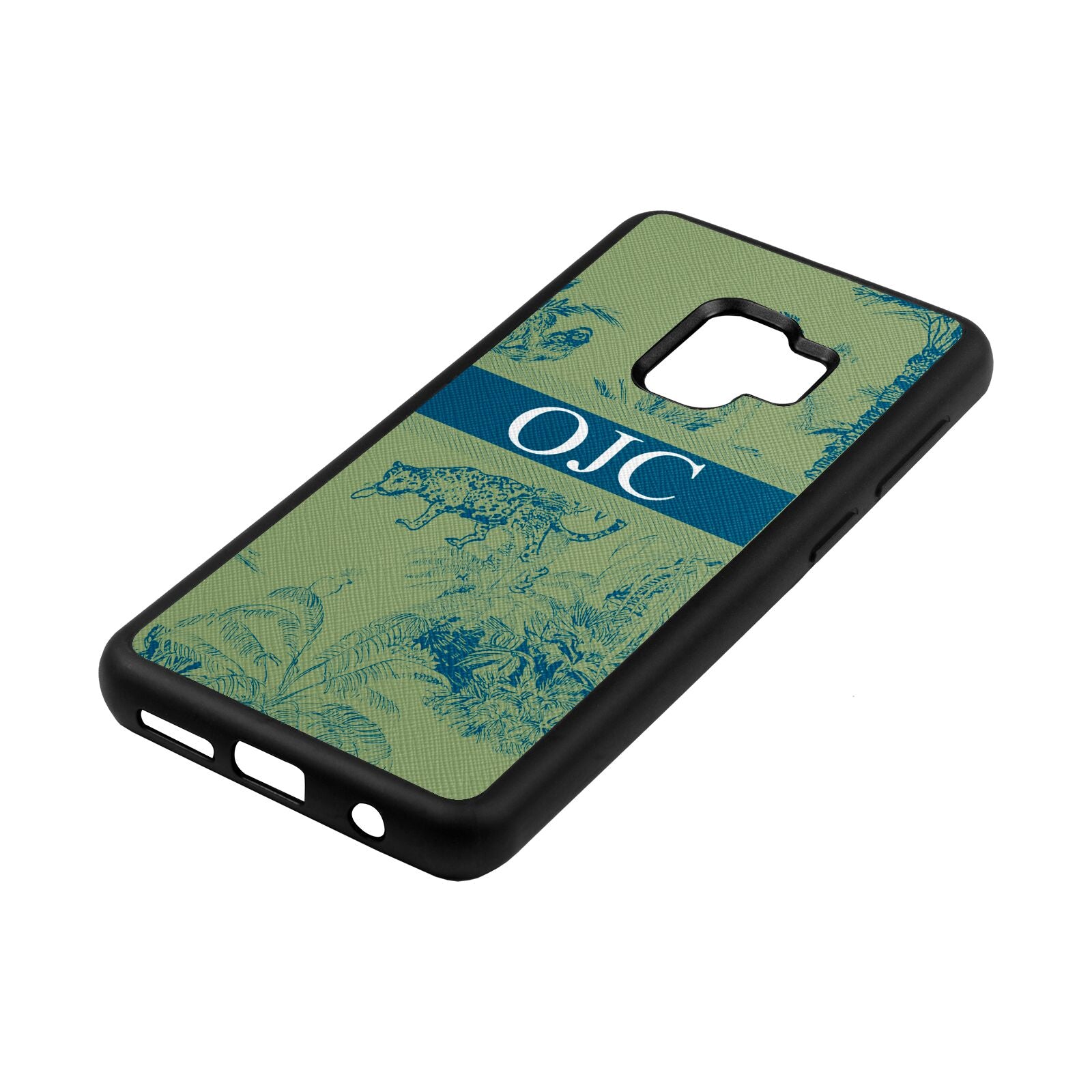 Personalised Tropical Toile Lime Saffiano Leather Samsung S9 Case Side Angle