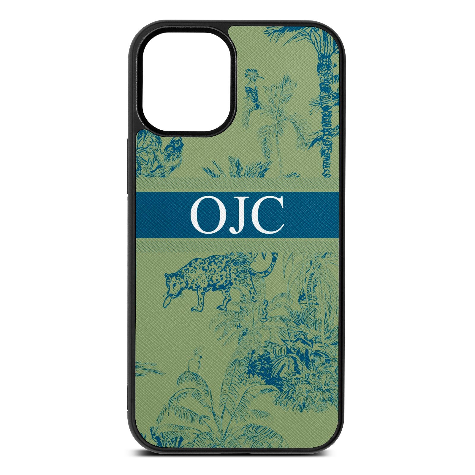 Personalised Tropical Toile Lime Saffiano Leather iPhone 12 Mini Case