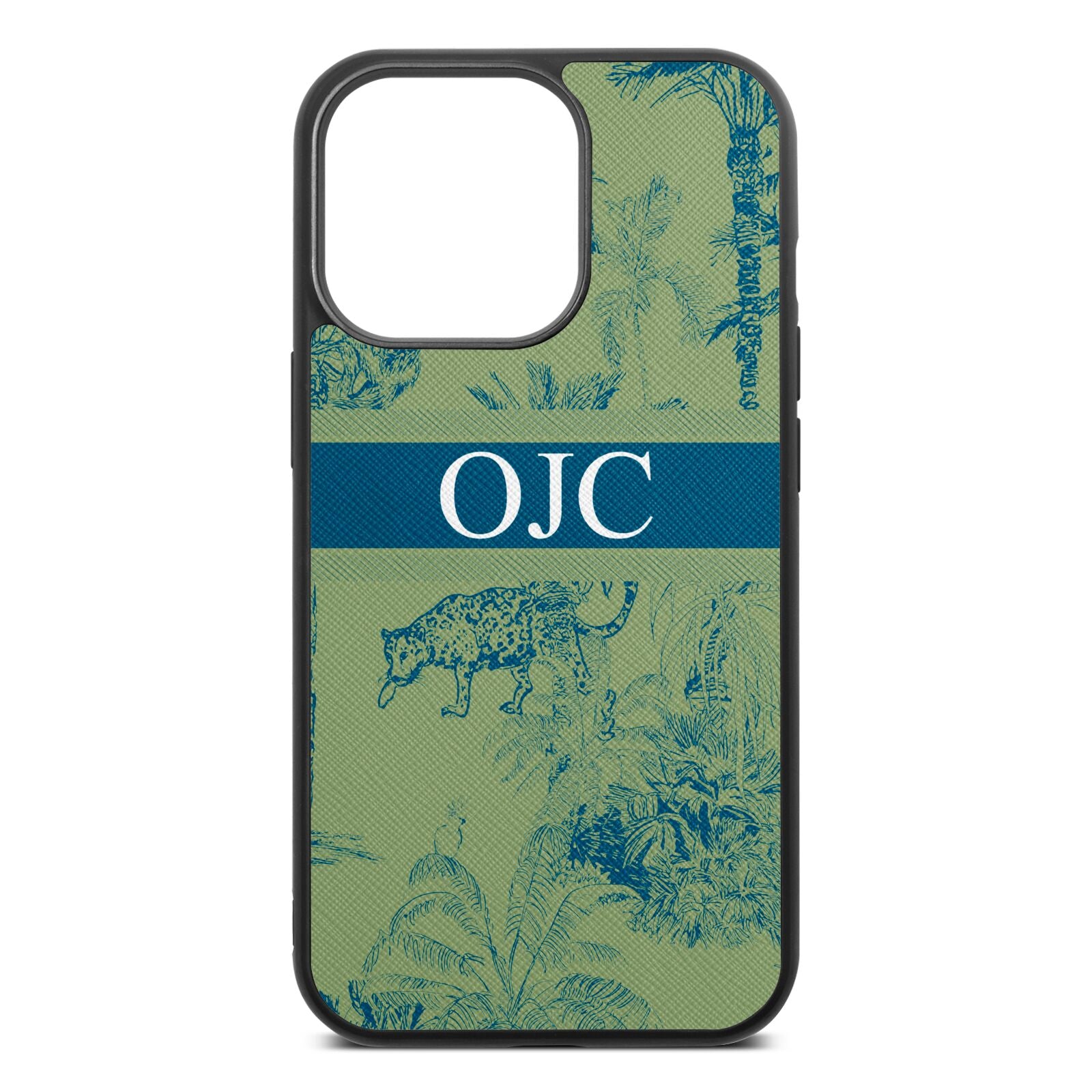 Personalised Tropical Toile Lime Saffiano Leather iPhone 13 Pro Case