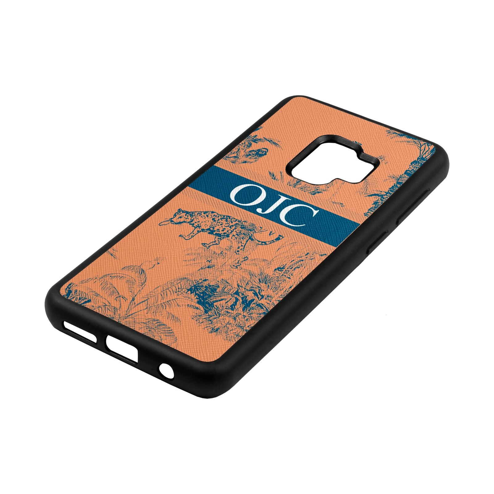 Personalised Tropical Toile Orange Saffiano Leather Samsung S9 Case Side Angle