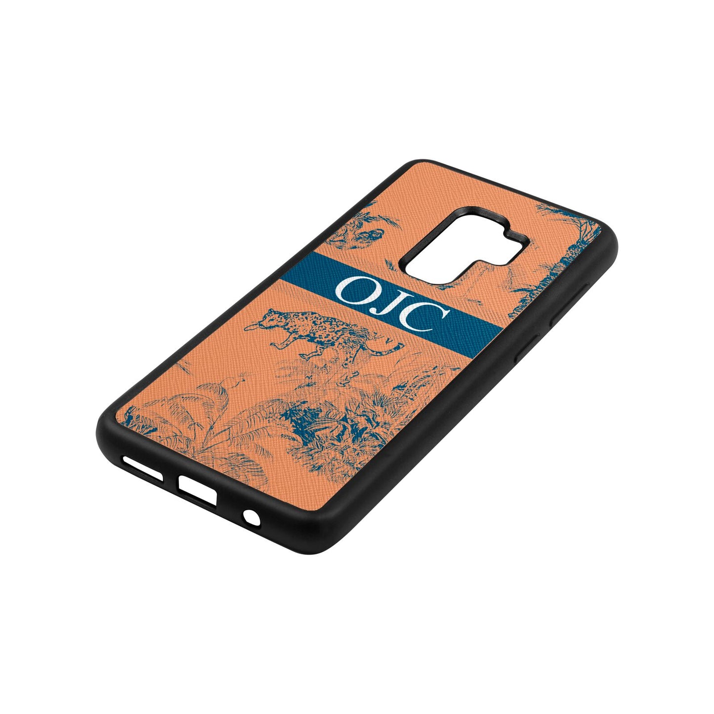 Personalised Tropical Toile Orange Saffiano Leather Samsung S9 Plus Case Side Angle