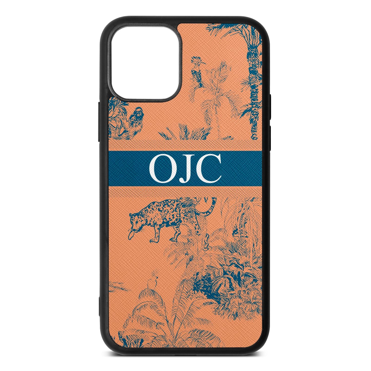 Personalised Tropical Toile Orange Saffiano Leather iPhone 11 Case