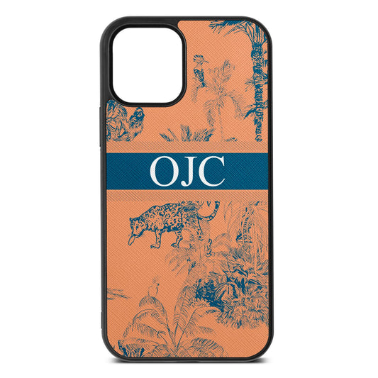 Personalised Tropical Toile Orange Saffiano Leather iPhone 12 Case