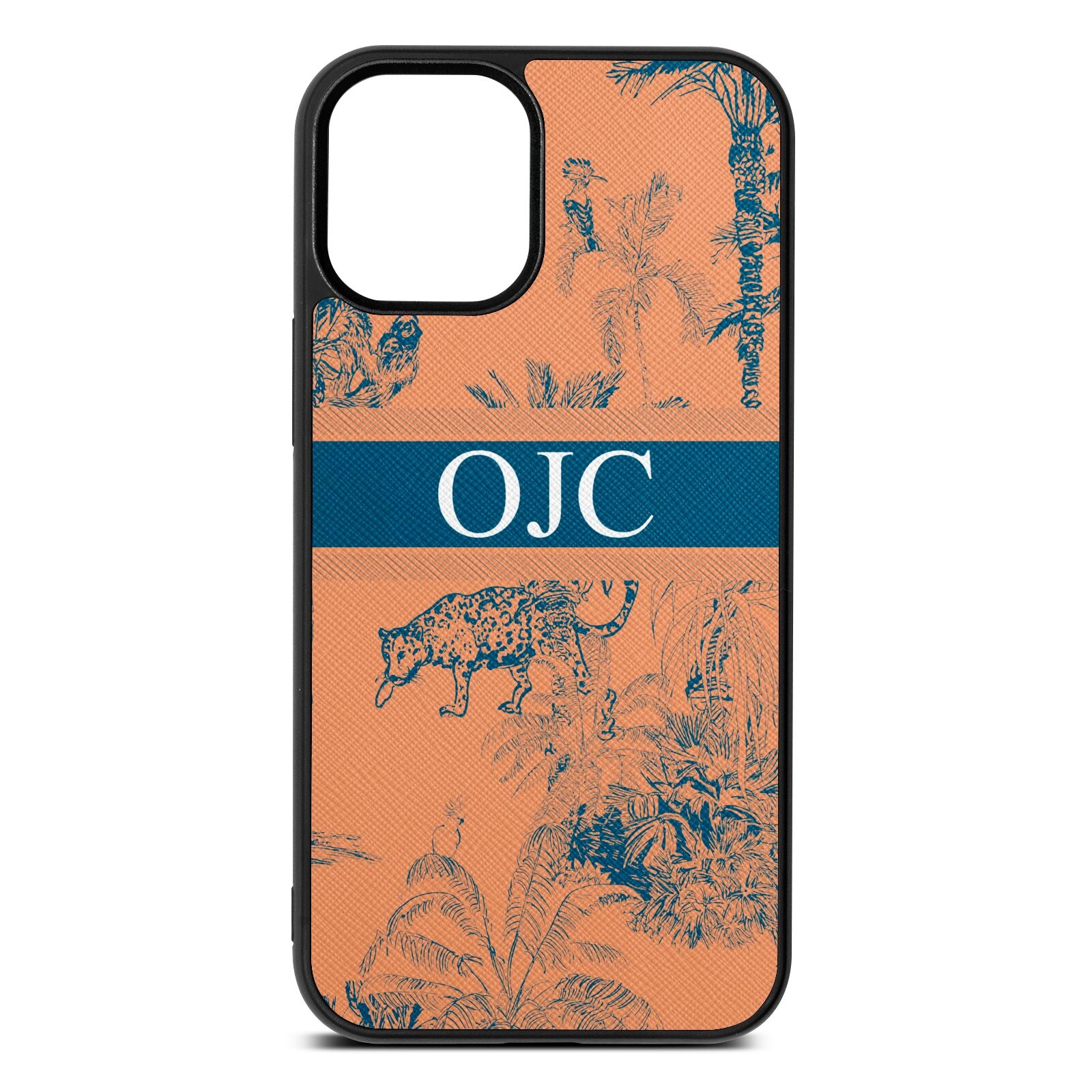 Personalised Tropical Toile Orange Saffiano Leather iPhone 12 Mini Case