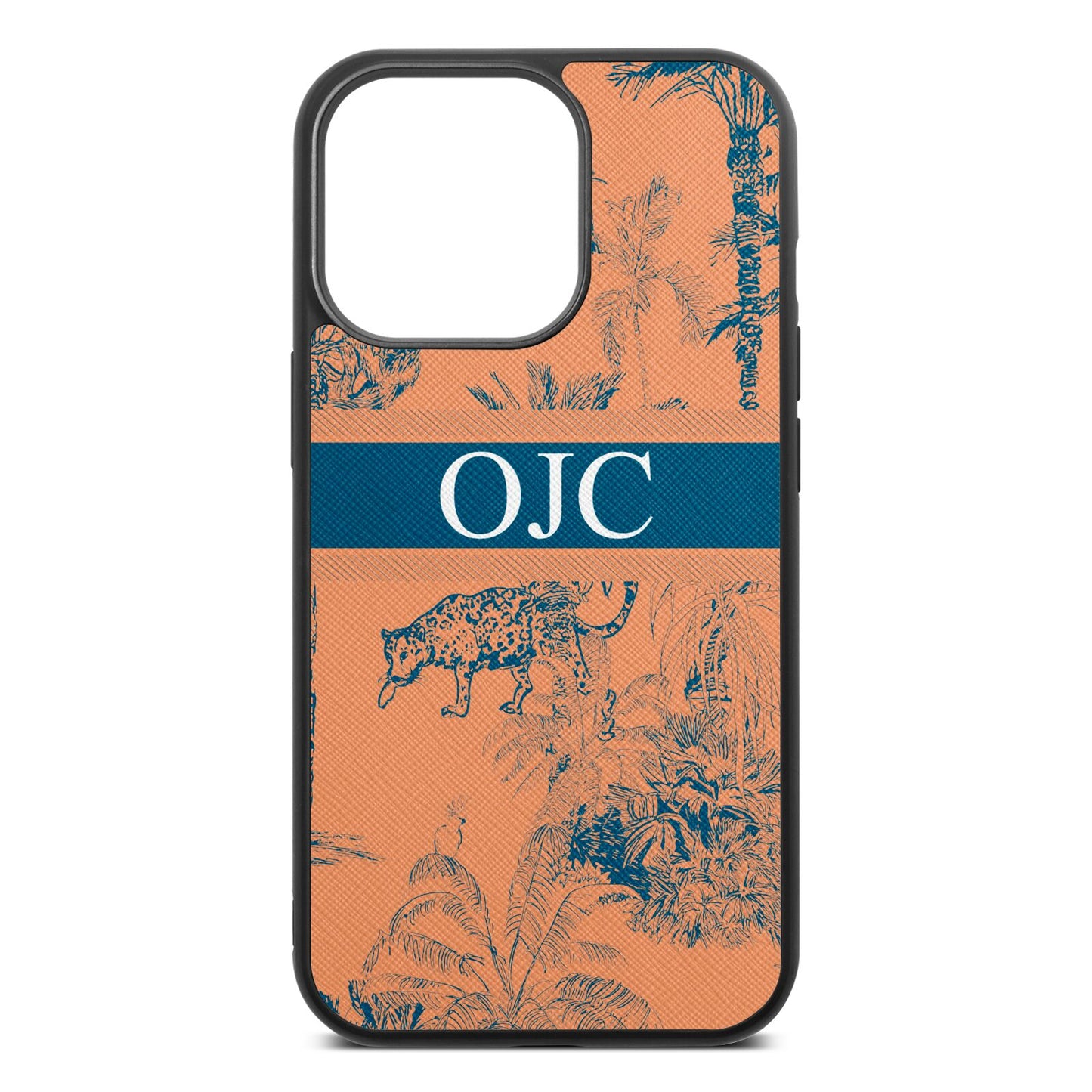 Personalised Tropical Toile Orange Saffiano Leather iPhone 13 Pro Case