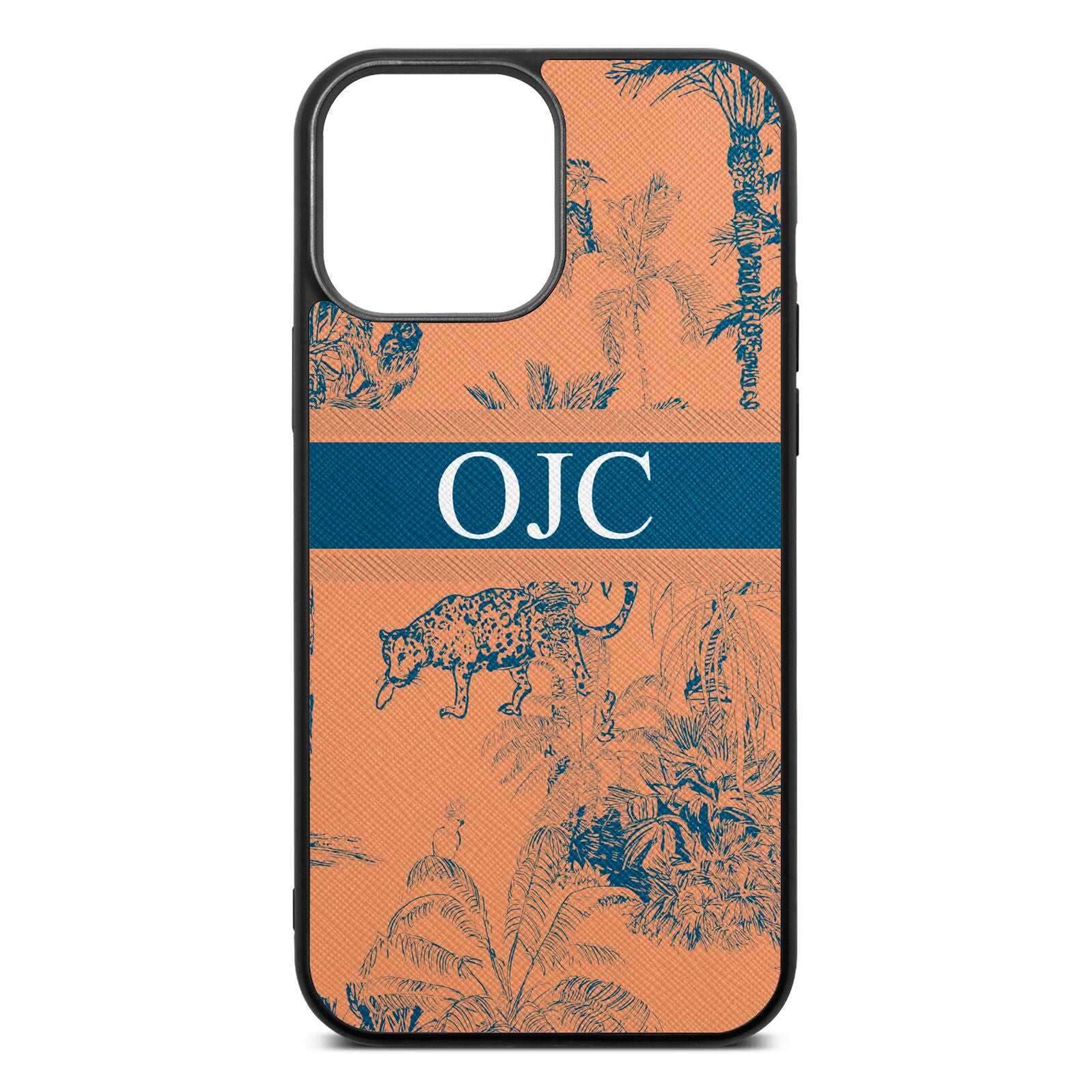 Personalised Tropical Toile Orange Saffiano Leather iPhone 13 Pro Max Case