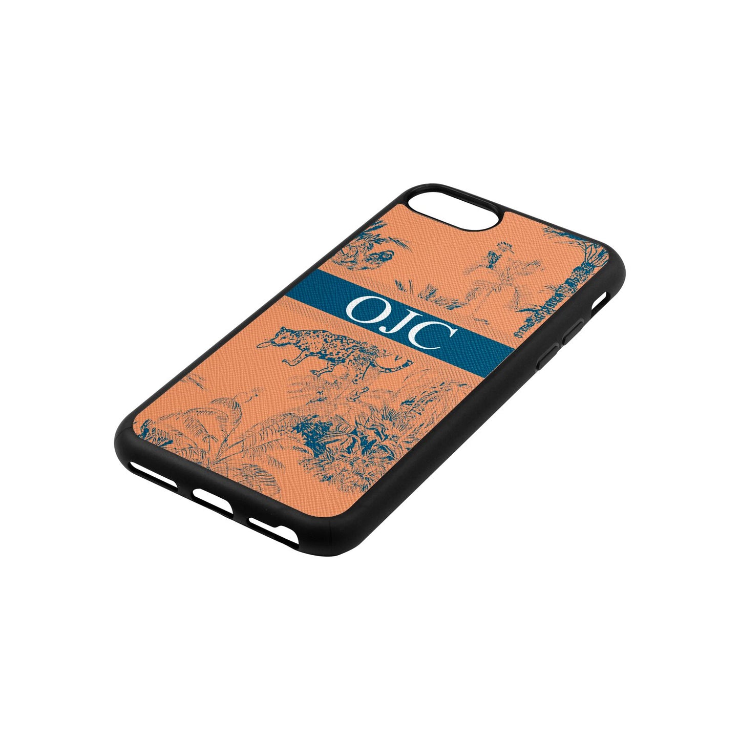 Personalised Tropical Toile Orange Saffiano Leather iPhone 8 Case Side Angle