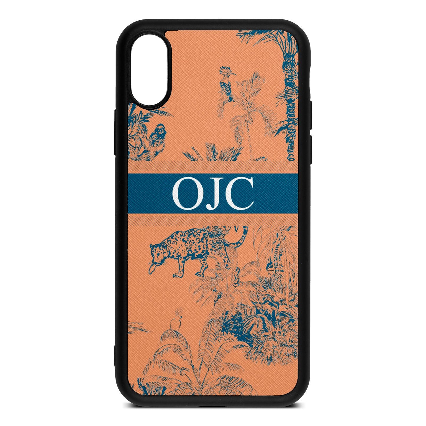 Personalised Tropical Toile Orange Saffiano Leather iPhone Xs Case